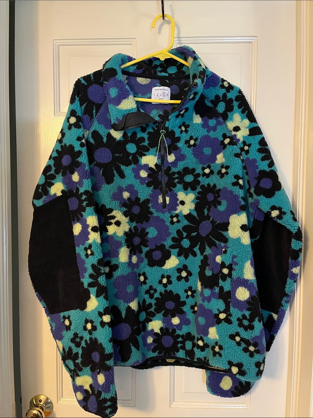 Urban Outfitters Men’s Floral Fleece Pullover - Teal, Purple & Black
